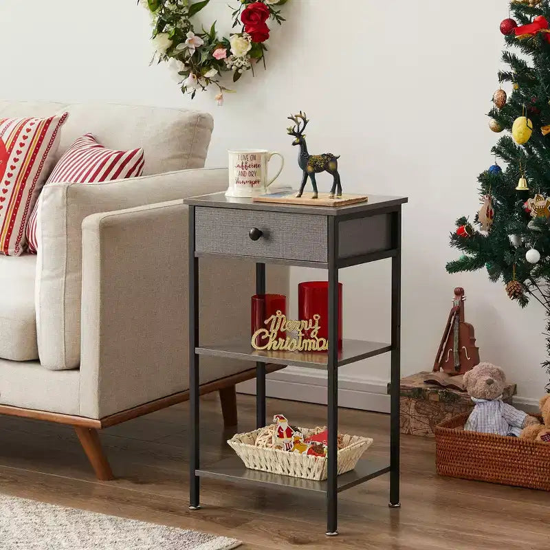 VECELO Tall End Side Table Set of 1/2, Nightstand with Adjustable Shelf and Drawer for Living Room or Bedroom, Small Spaces, Brown