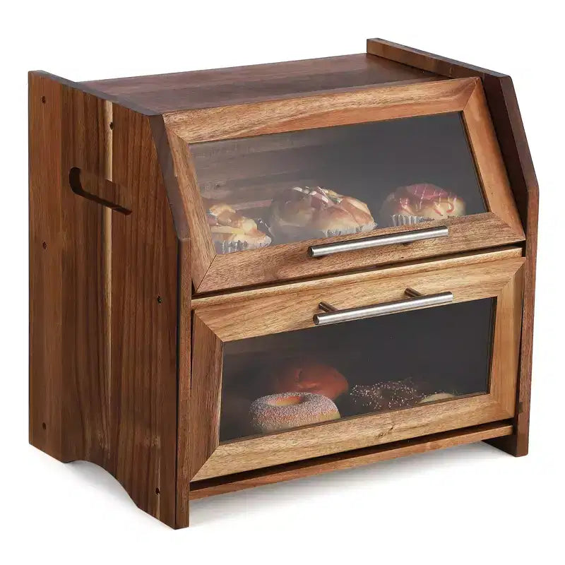 Double Layer Bread Box for Kitchen Counter, Acacia Wood Large Capacity Bread Storage Cabinet with Windows, Farmhouse Countertop Bread Box