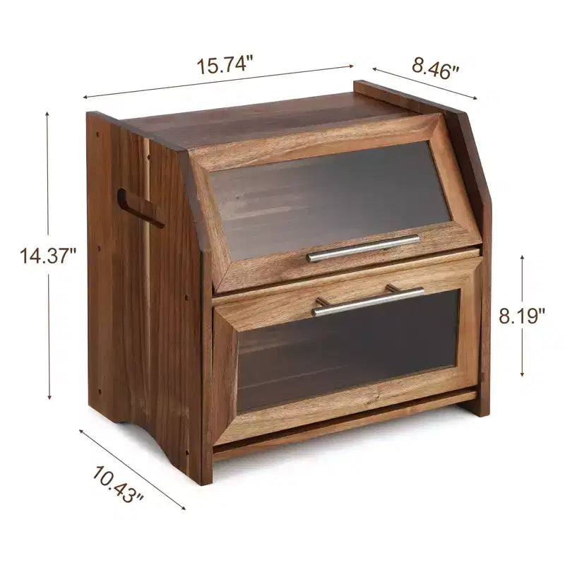 Double Layer Bread Box for Kitchen Counter, Acacia Wood Large Capacity Bread Storage Cabinet with Windows, Farmhouse Countertop Bread Box