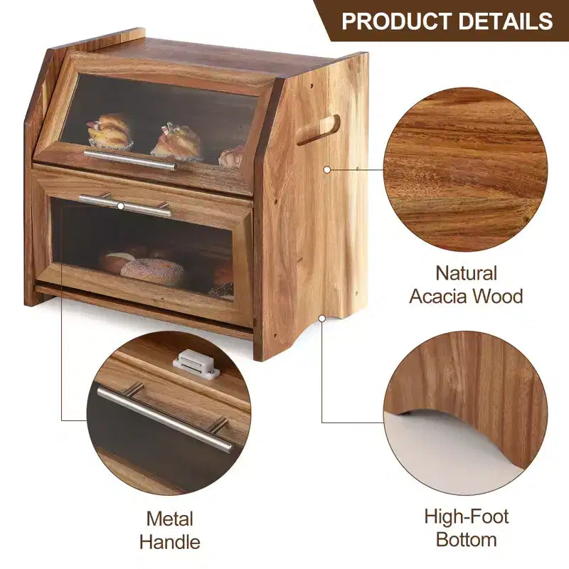 Double Layer Bread Box for Kitchen Counter, Acacia Wood Large Capacity Bread Storage Cabinet with Windows, Farmhouse Countertop Bread Box
