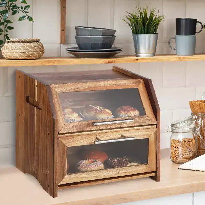 Double Layer Bread Box for Kitchen Counter, Acacia Wood Large Capacity Bread Storage Cabinet with Windows, Farmhouse Countertop Bread Box