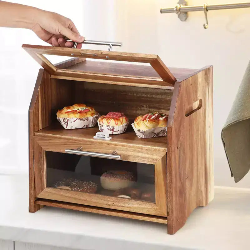 Double Layer Bread Box for Kitchen Counter, Acacia Wood Large Capacity Bread Storage Cabinet with Windows, Farmhouse Countertop Bread Box