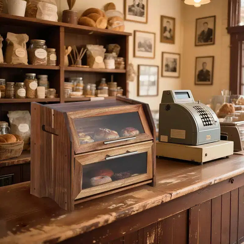 Double Layer Bread Box for Kitchen Counter, Acacia Wood Large Capacity Bread Storage Cabinet with Windows, Farmhouse Countertop Bread Box