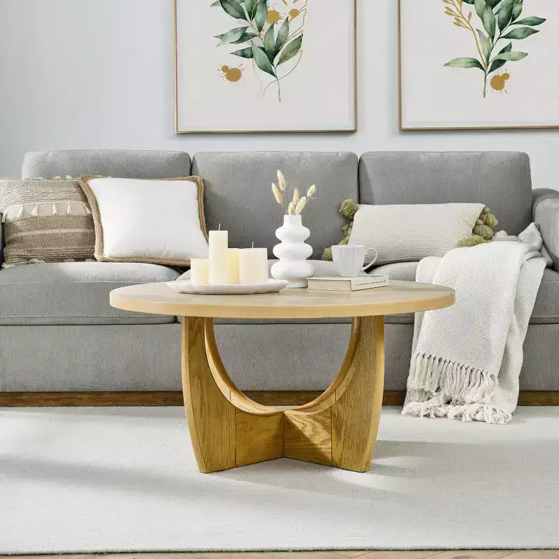 36-Inch Round Coffee Table with Cross-Leg Design, Mid-Century Modern Wooden Coffee Table for Living Room, Reception, or Office