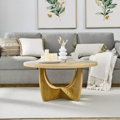 36-Inch Round Coffee Table with Cross-Leg Design, Mid-Century Modern Wooden Coffee Table for Living Room, Reception, or Office