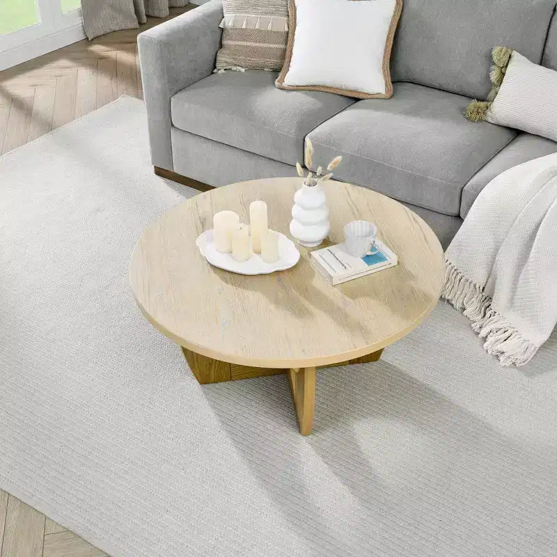 36-Inch Round Coffee Table with Cross-Leg Design, Mid-Century Modern Wooden Coffee Table for Living Room, Reception, or Office