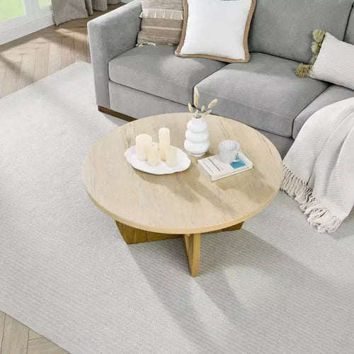 36-Inch Round Coffee Table with Cross-Leg Design, Mid-Century Modern Wooden Coffee Table for Living Room, Reception, or Office
