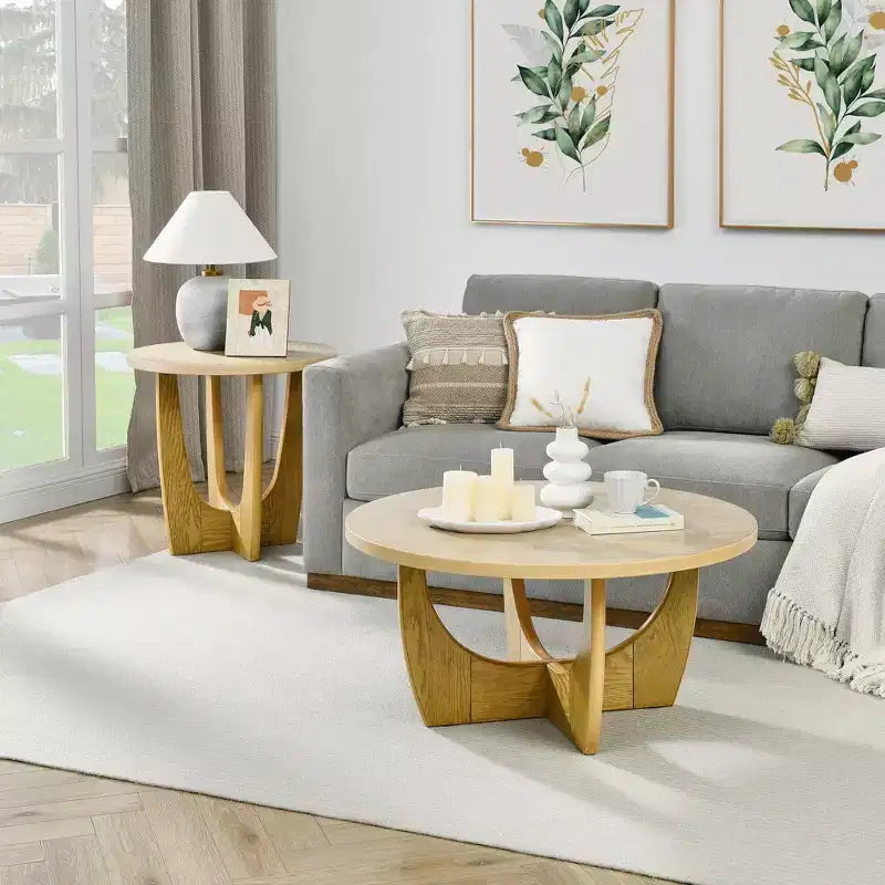 36-Inch Round Coffee Table with Cross-Leg Design, Mid-Century Modern Wooden Coffee Table for Living Room, Reception, or Office