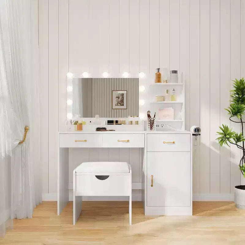 Vanity Desk with Mirror, LED Lights and Power Outlet Makeup Table with 3 Drawers and Storage Shelves Dressing Table for Bedroom Dressing Room