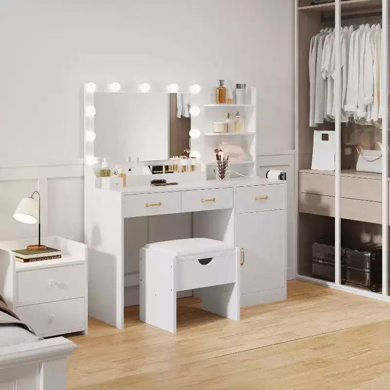 Vanity Desk with Mirror, LED Lights and Power Outlet Makeup Table with 3 Drawers and Storage Shelves Dressing Table for Bedroom Dressing Room