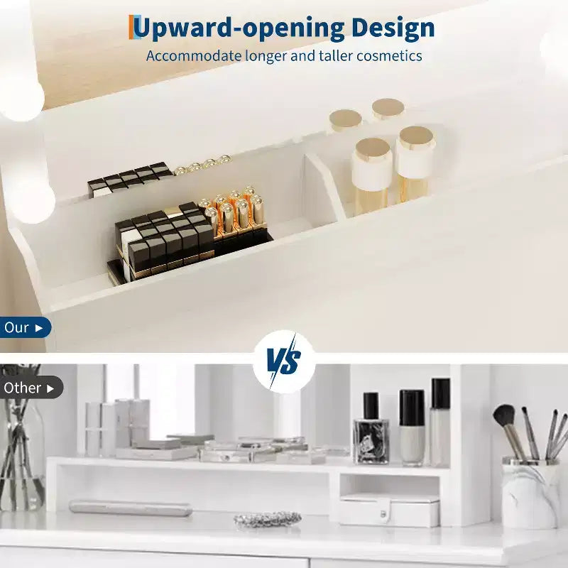 Vanity Desk with Mirror, LED Lights and Power Outlet Makeup Table with 3 Drawers and Storage Shelves Dressing Table for Bedroom Dressing Room