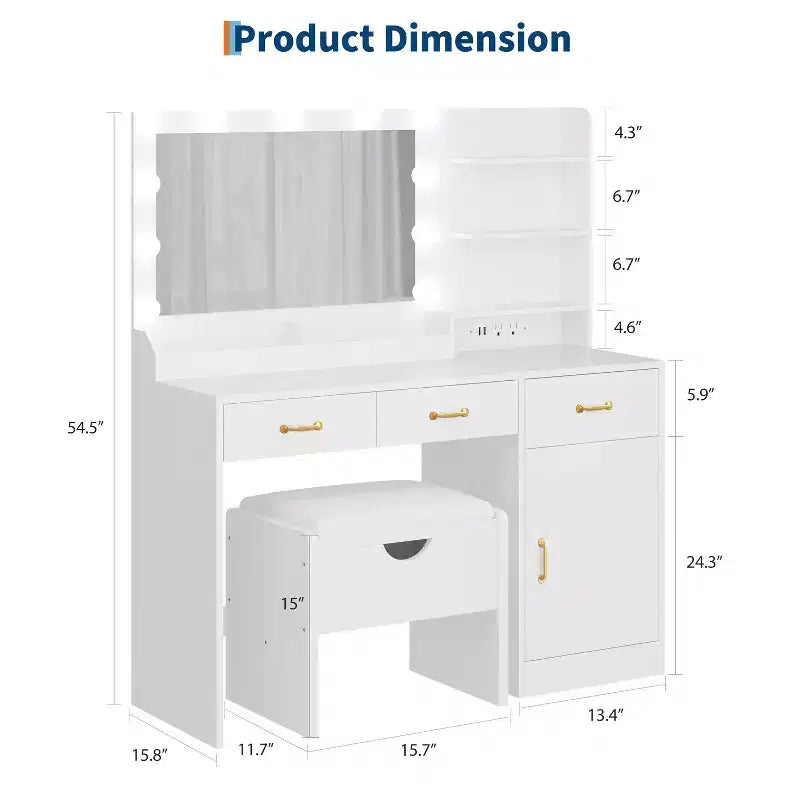 Vanity Desk with Mirror, LED Lights and Power Outlet Makeup Table with 3 Drawers and Storage Shelves Dressing Table for Bedroom Dressing Room