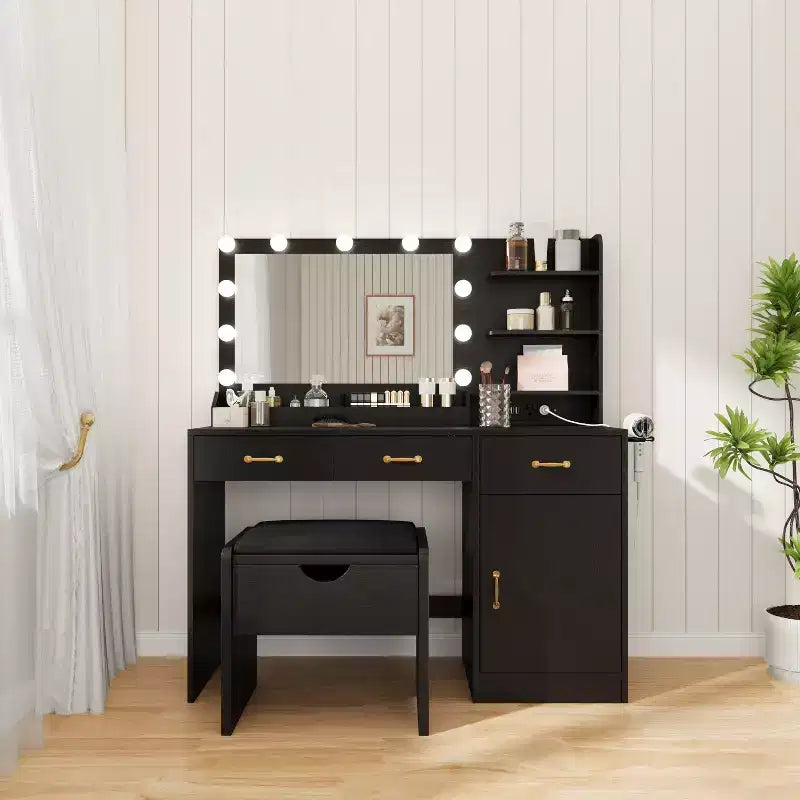Vanity Desk with Mirror, LED Lights and Power Outlet Makeup Table with 3 Drawers and Storage Shelves Dressing Table for Bedroom Dressing Room