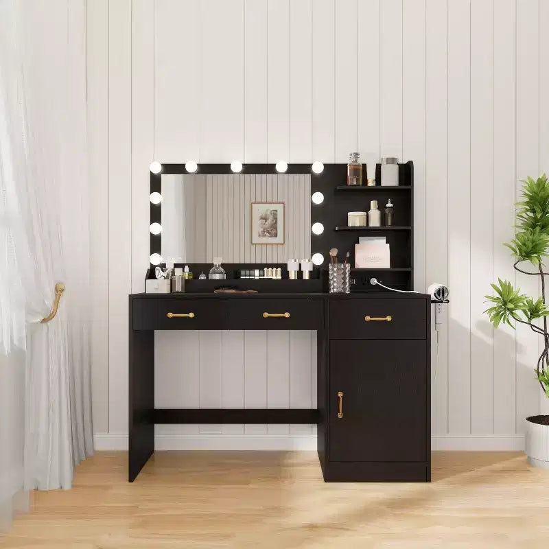 Vanity Desk with Mirror, LED Lights and Power Outlet Makeup Table with 3 Drawers and Storage Shelves Dressing Table for Bedroom Dressing Room