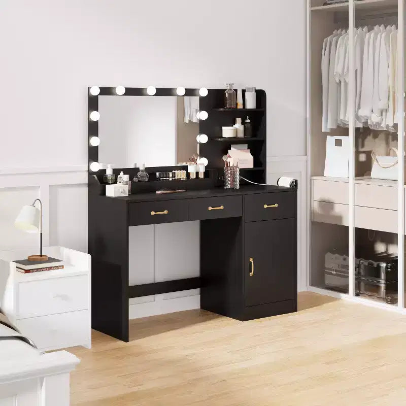 Vanity Desk with Mirror, LED Lights and Power Outlet Makeup Table with 3 Drawers and Storage Shelves Dressing Table for Bedroom Dressing Room
