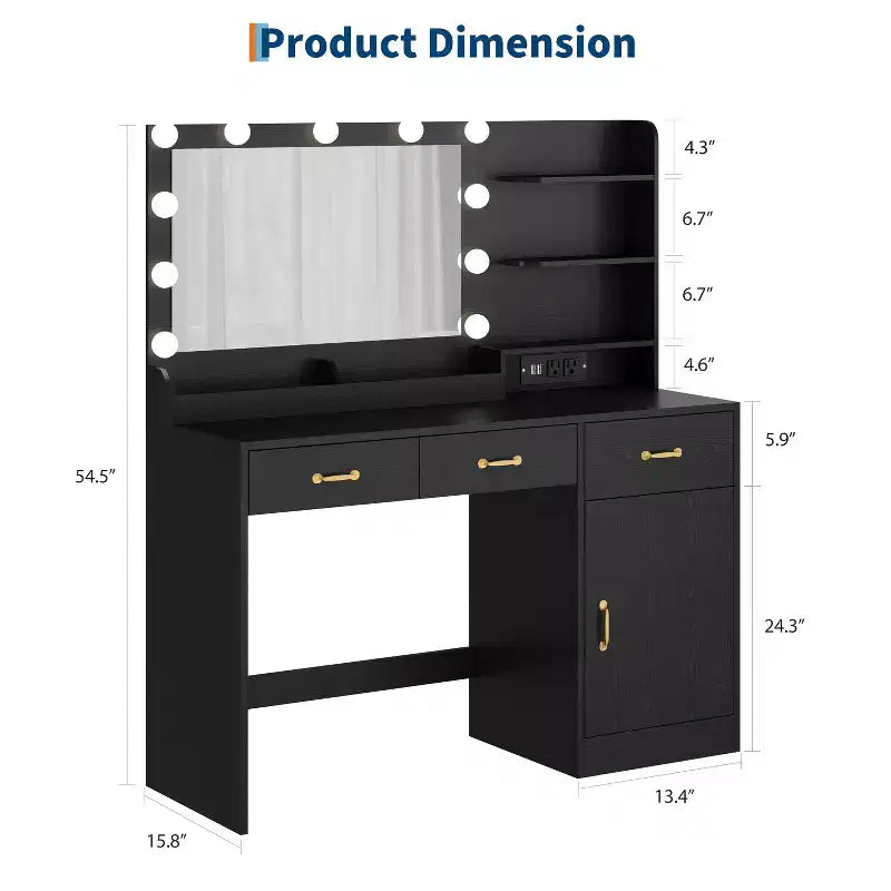 Vanity Desk with Mirror, LED Lights and Power Outlet Makeup Table with 3 Drawers and Storage Shelves Dressing Table for Bedroom Dressing Room