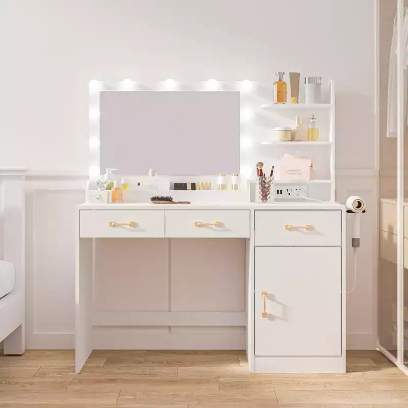 Vanity Desk with Mirror, LED Lights and Power Outlet Makeup Table with 3 Drawers and Storage Shelves Dressing Table for Bedroom Dressing Room