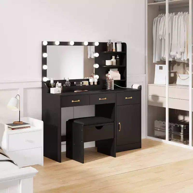 Vanity Desk with Mirror, LED Lights and Power Outlet Makeup Table with 3 Drawers and Storage Shelves Dressing Table for Bedroom Dressing Room