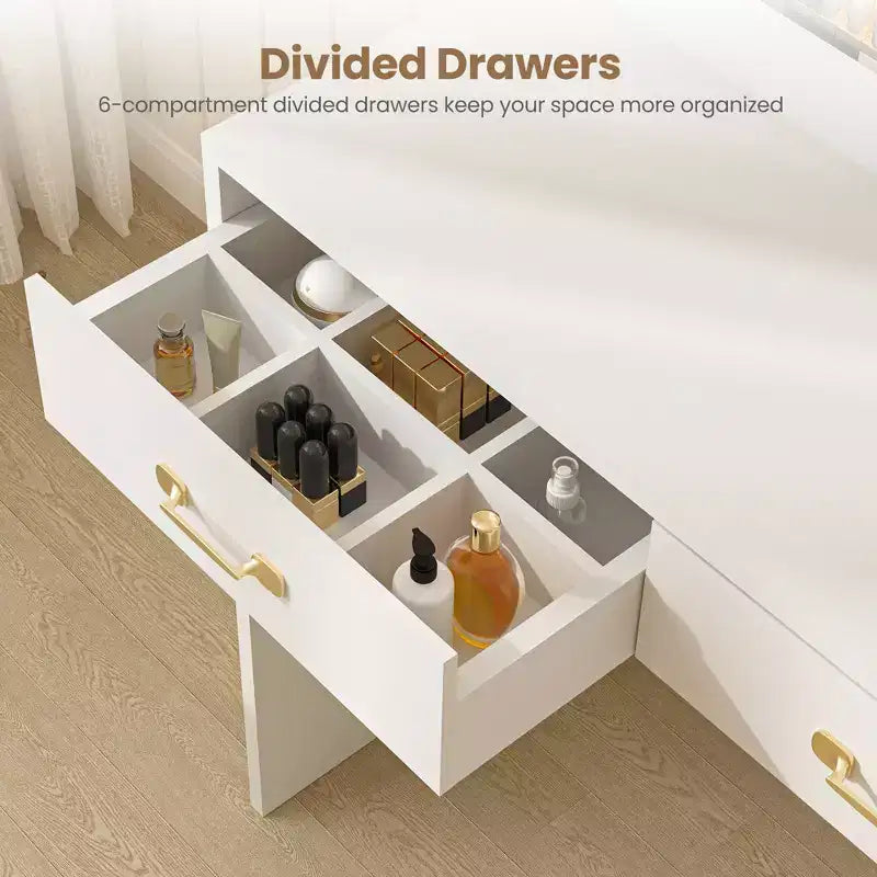 Vanity Desk with Mirror, LED Lights and Power Outlet Makeup Table with 3 Drawers and Storage Shelves Dressing Table for Bedroom Dressing Room