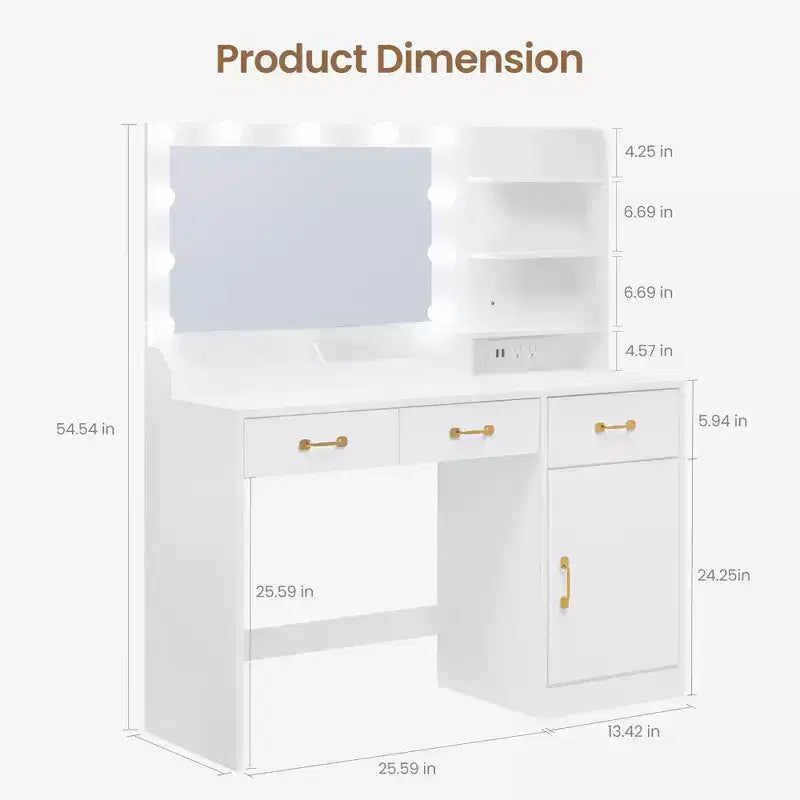 Vanity Desk with Mirror, LED Lights and Power Outlet Makeup Table with 3 Drawers and Storage Shelves Dressing Table for Bedroom Dressing Room