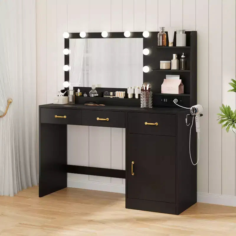 Vanity Desk with Mirror, LED Lights and Power Outlet Makeup Table with 3 Drawers and Storage Shelves Dressing Table for Bedroom Dressing Room