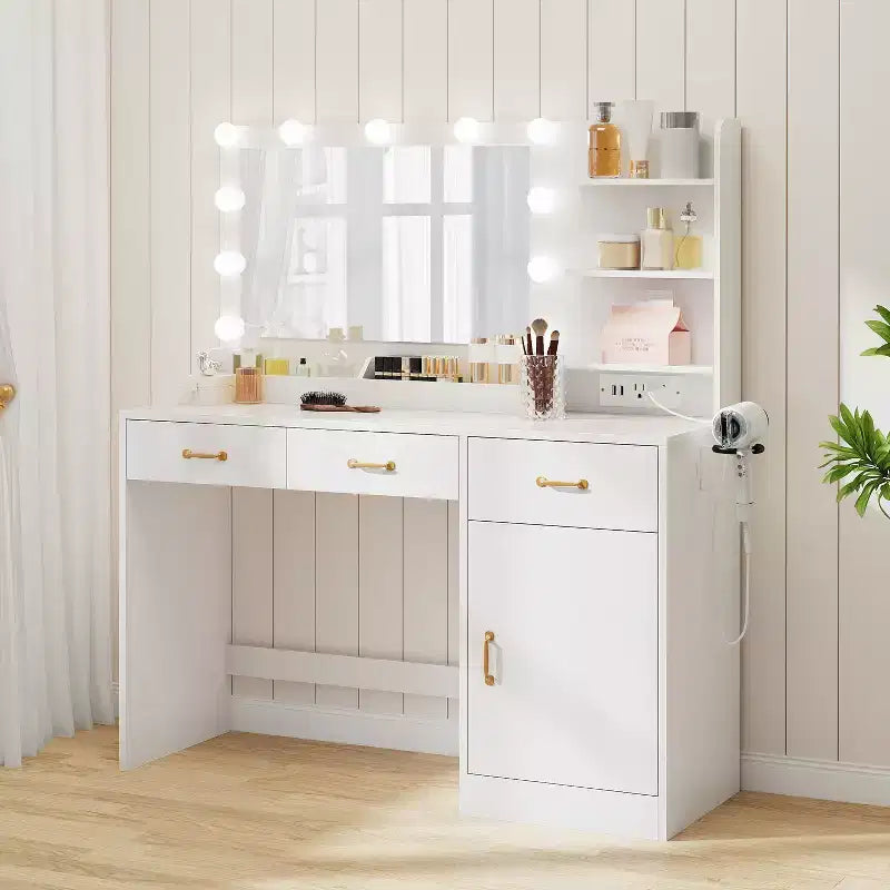 Vanity Desk with Mirror, LED Lights and Power Outlet Makeup Table with 3 Drawers and Storage Shelves Dressing Table for Bedroom Dressing Room