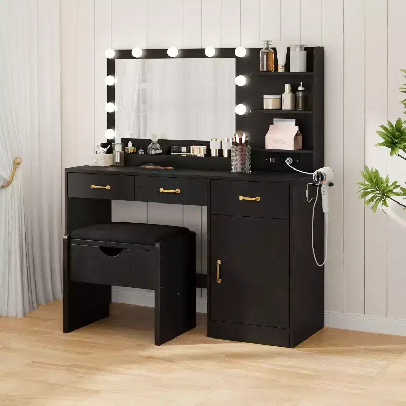 Vanity Desk with Mirror, LED Lights and Power Outlet Makeup Table with 3 Drawers and Storage Shelves Dressing Table for Bedroom Dressing Room