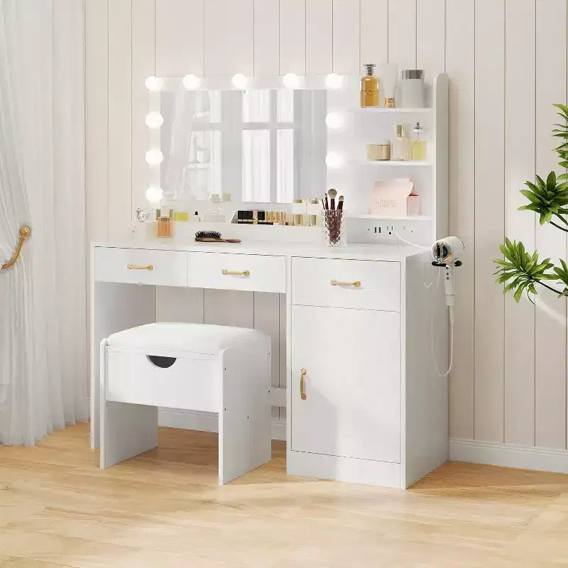 Vanity Desk with Mirror, LED Lights and Power Outlet Makeup Table with 3 Drawers and Storage Shelves Dressing Table for Bedroom Dressing Room