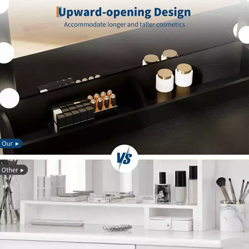 Vanity Desk with Mirror, LED Lights and Power Outlet Makeup Table with 3 Drawers and Storage Shelves Dressing Table for Bedroom Dressing Room