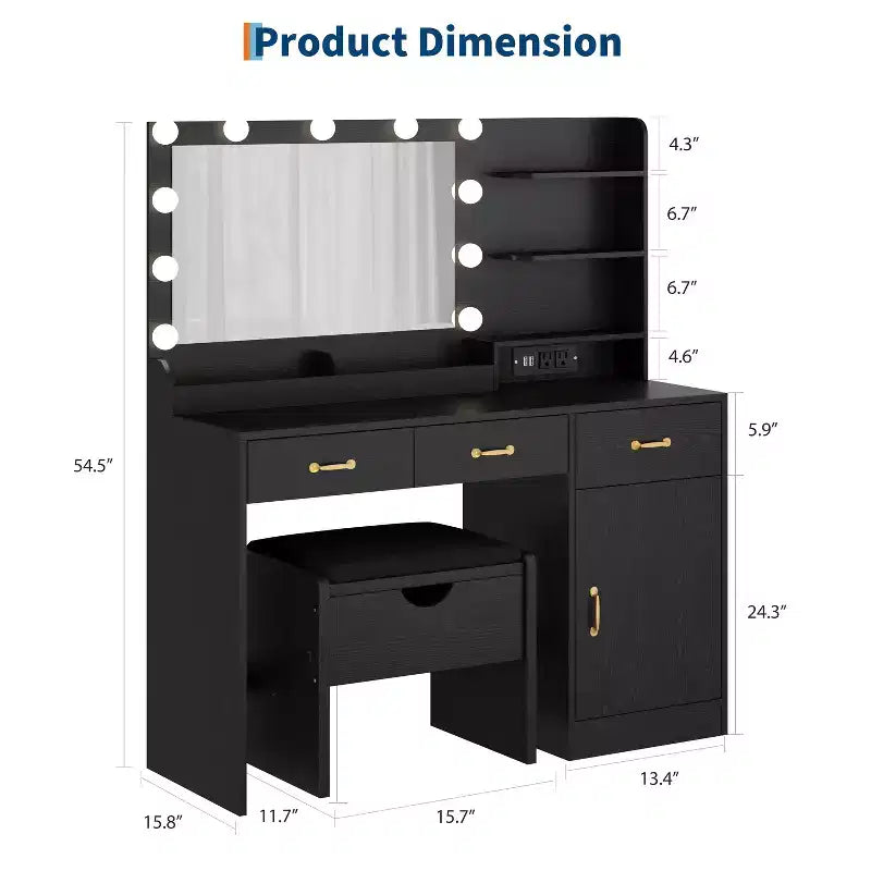 Vanity Desk with Mirror, LED Lights and Power Outlet Makeup Table with 3 Drawers and Storage Shelves Dressing Table for Bedroom Dressing Room