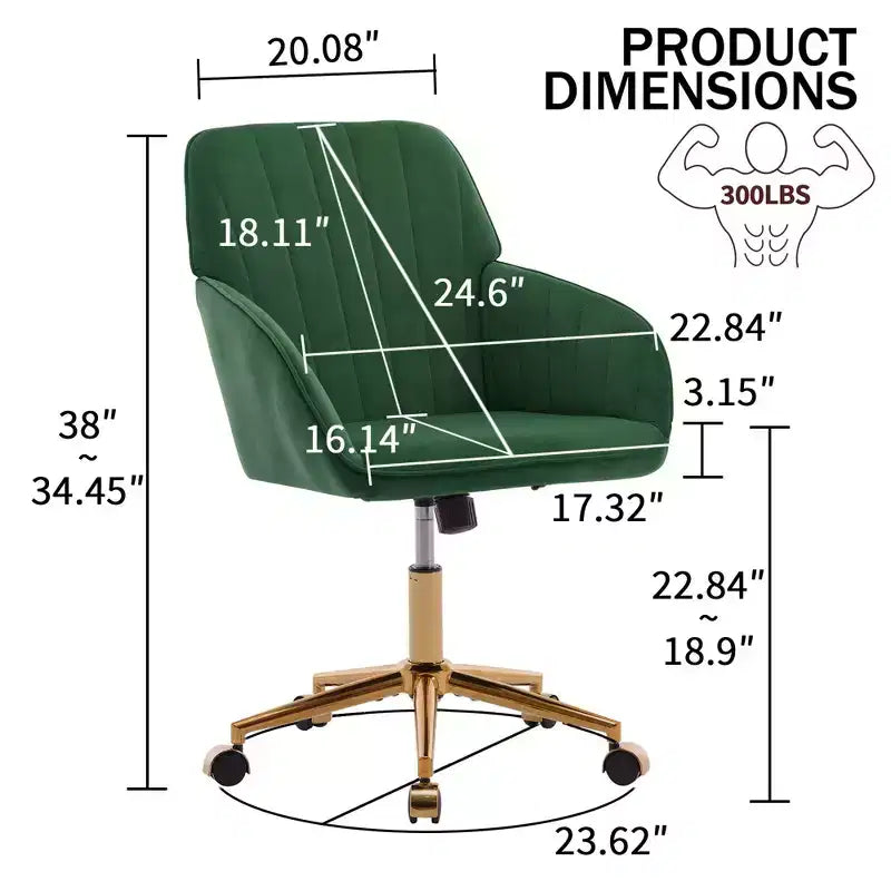 Okak Height-Adjustable Office Chair with Golden Metal Base, Computer Chair with Wheels and Backrest, Comfy Chair for Office, Home