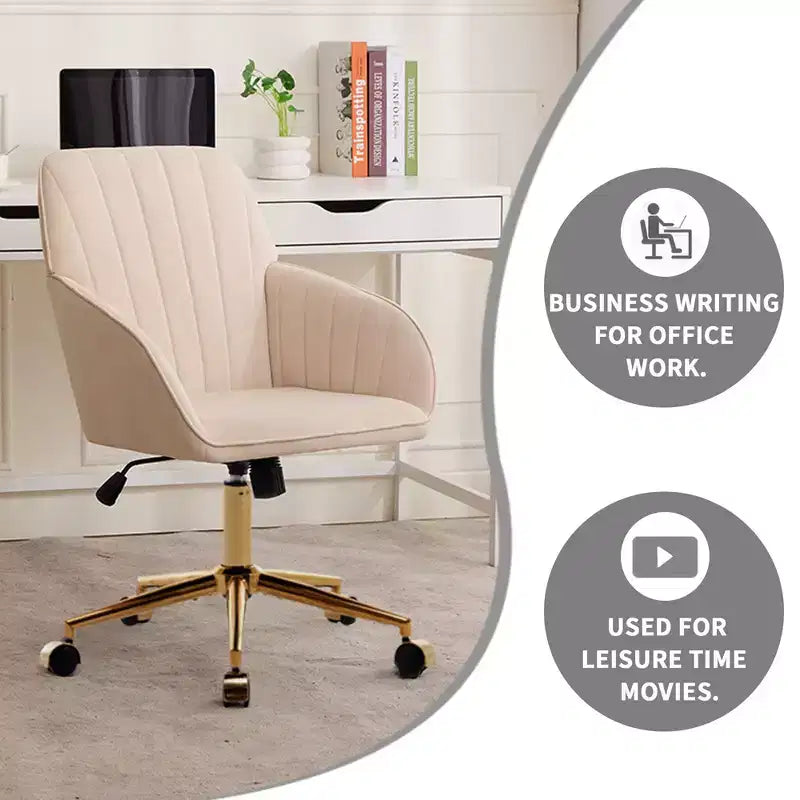 Okak Height-Adjustable Office Chair with Golden Metal Base, Computer Chair with Wheels and Backrest, Comfy Chair for Office, Home