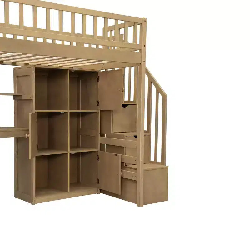 Twin Size Loft Bed with Desk & Storage Stairs, Wood Loft Bed Frame with LED Lights, Storage Shelves and Cabinets