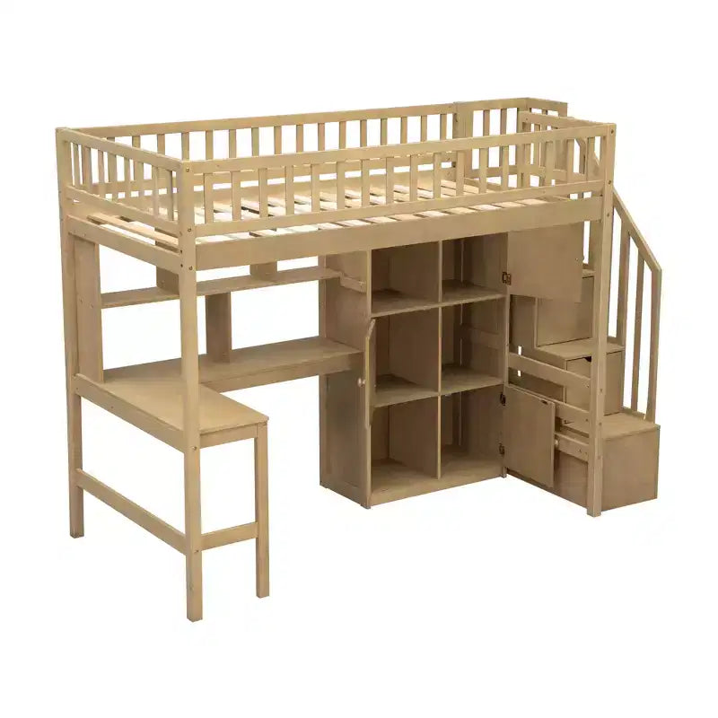 Twin Size Loft Bed with Desk & Storage Stairs, Wood Loft Bed Frame with LED Lights, Storage Shelves and Cabinets