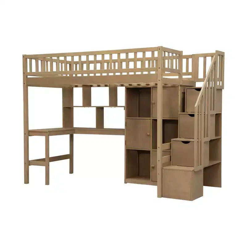 Twin Size Loft Bed with Desk & Storage Stairs, Wood Loft Bed Frame with LED Lights, Storage Shelves and Cabinets