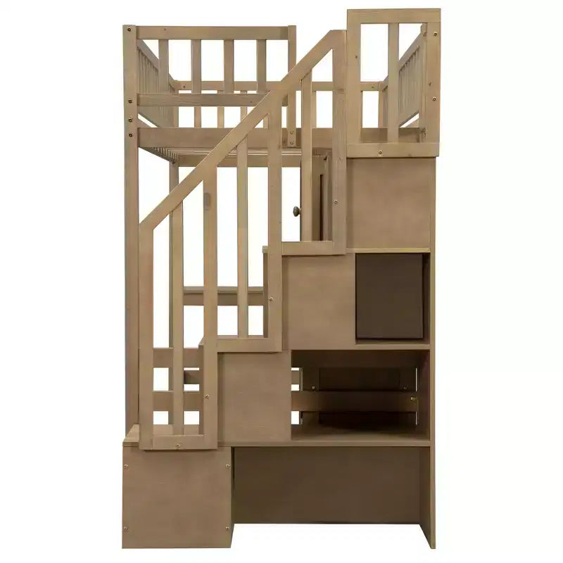 Twin Size Loft Bed with Desk & Storage Stairs, Wood Loft Bed Frame with LED Lights, Storage Shelves and Cabinets