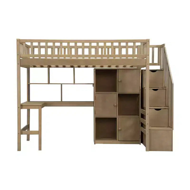 Twin Size Loft Bed with Desk & Storage Stairs, Wood Loft Bed Frame with LED Lights, Storage Shelves and Cabinets