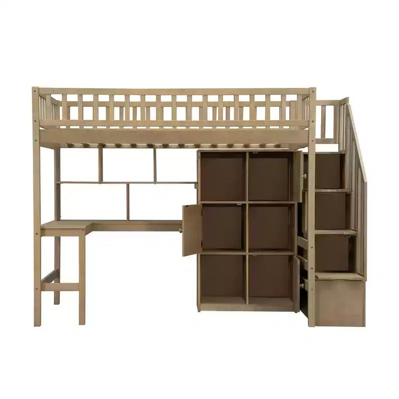 Twin Size Loft Bed with Desk & Storage Stairs, Wood Loft Bed Frame with LED Lights, Storage Shelves and Cabinets