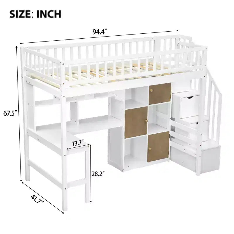 Twin Size Loft Bed with Desk & Storage Stairs, Wood Loft Bed Frame with LED Lights, Storage Shelves and Cabinets