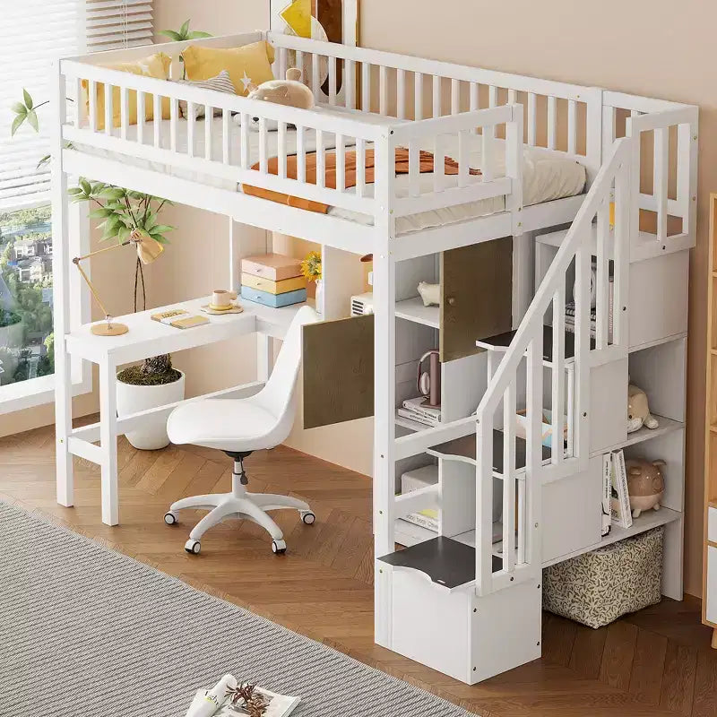Twin Size Loft Bed with Desk & Storage Stairs, Wood Loft Bed Frame with LED Lights, Storage Shelves and Cabinets