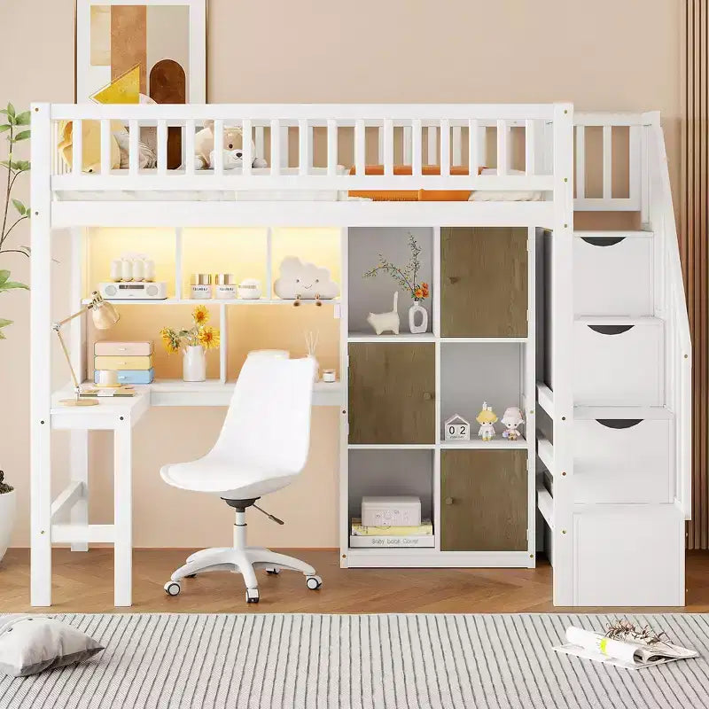 Twin Size Loft Bed with Desk & Storage Stairs, Wood Loft Bed Frame with LED Lights, Storage Shelves and Cabinets