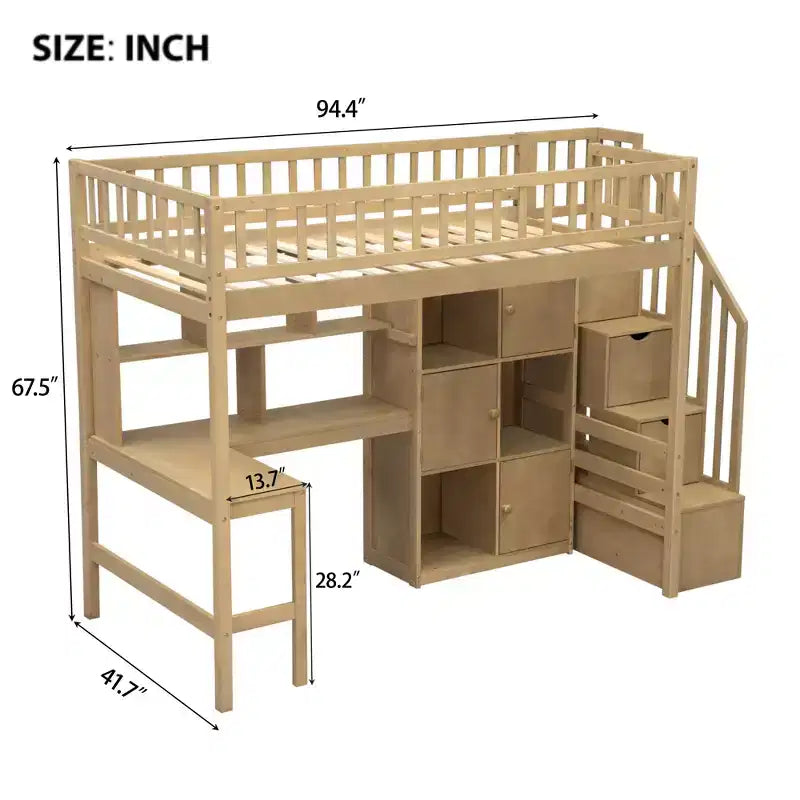 Twin Size Loft Bed with Desk & Storage Stairs, Wood Loft Bed Frame with LED Lights, Storage Shelves and Cabinets