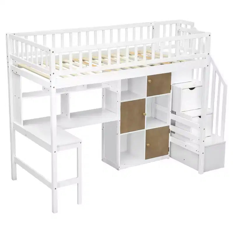 Twin Size Loft Bed with Desk & Storage Stairs, Wood Loft Bed Frame with LED Lights, Storage Shelves and Cabinets