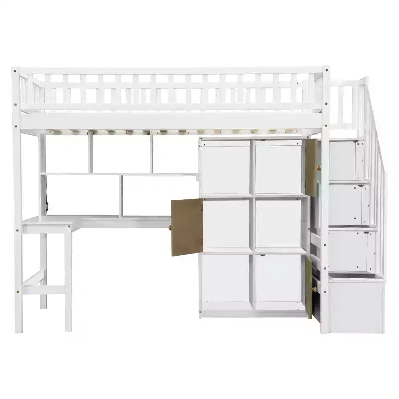 Twin Size Loft Bed with Desk & Storage Stairs, Wood Loft Bed Frame with LED Lights, Storage Shelves and Cabinets
