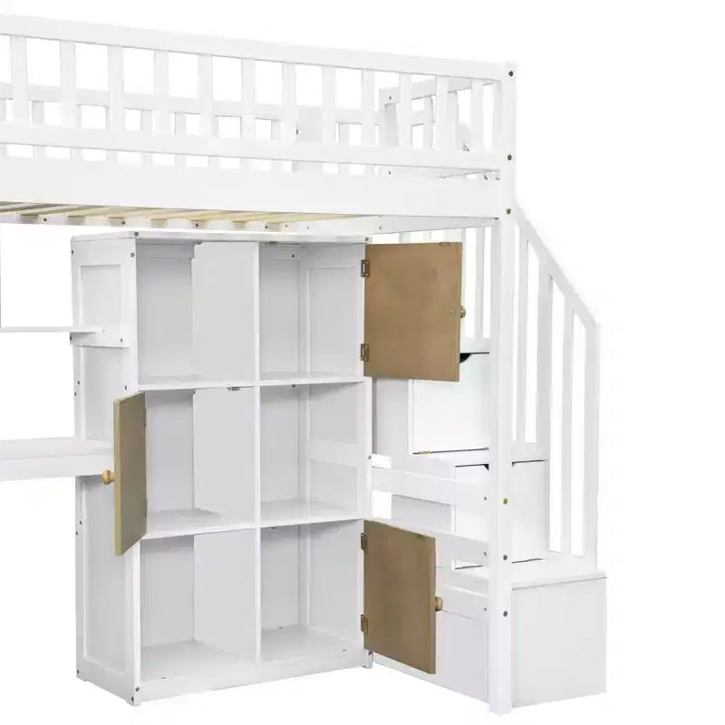 Twin Size Loft Bed with Desk & Storage Stairs, Wood Loft Bed Frame with LED Lights, Storage Shelves and Cabinets