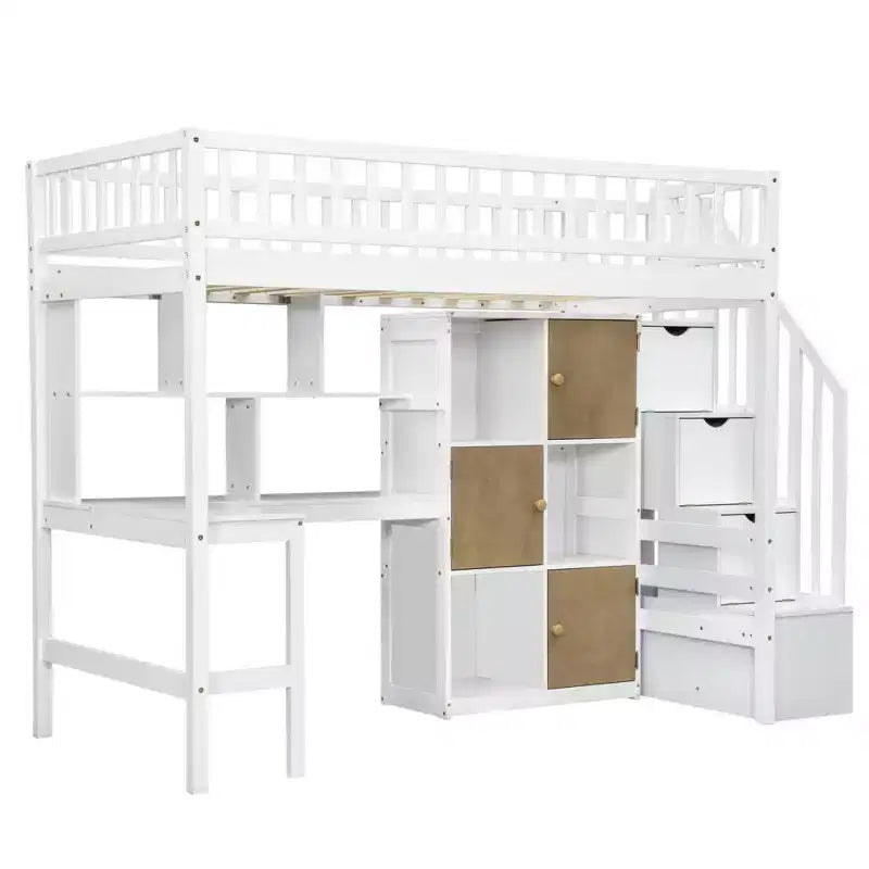 Twin Size Loft Bed with Desk & Storage Stairs, Wood Loft Bed Frame with LED Lights, Storage Shelves and Cabinets