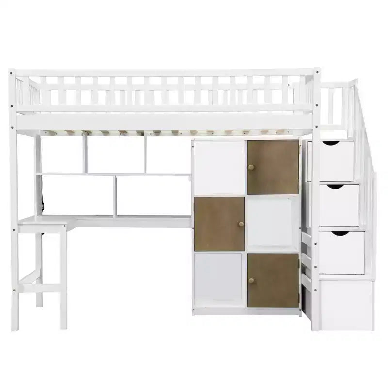 Twin Size Loft Bed with Desk & Storage Stairs, Wood Loft Bed Frame with LED Lights, Storage Shelves and Cabinets