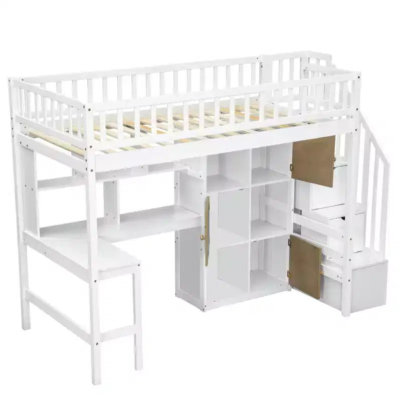 Twin Size Loft Bed with Desk & Storage Stairs, Wood Loft Bed Frame with LED Lights, Storage Shelves and Cabinets