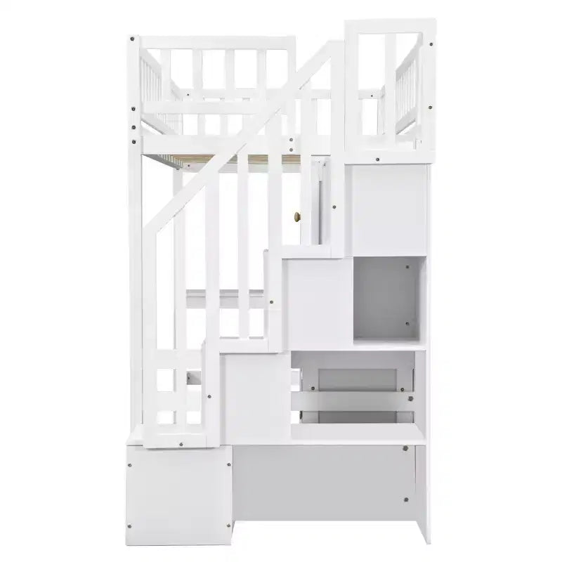 Twin Size Loft Bed with Desk & Storage Stairs, Wood Loft Bed Frame with LED Lights, Storage Shelves and Cabinets