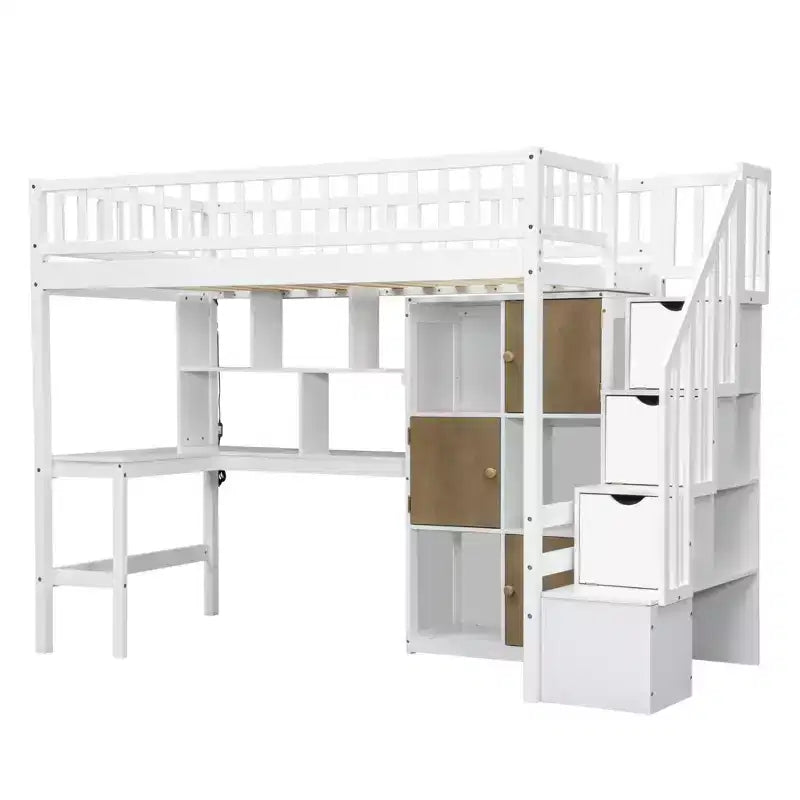 Twin Size Loft Bed with Desk & Storage Stairs, Wood Loft Bed Frame with LED Lights, Storage Shelves and Cabinets